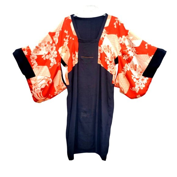 Vintage Japanese Black Silk Kimono Haori Hand Painted Metallic Leaves Red Lining - Picture 3 of 13